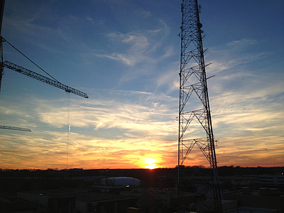 sunset, antenna, crane, sky, evening