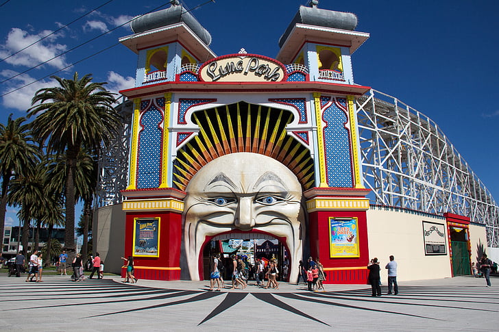 Luna park, Melbourne, Luna, zábava, veľtrh, vchod, zábavný