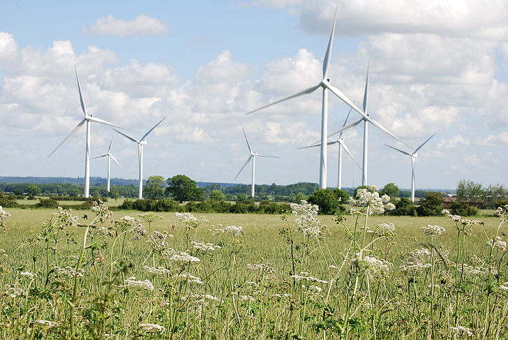 wind, turbines, farmland, environmentally friendly, meadow, scenery, sky