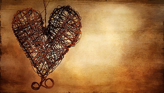 srce, metalni srce, zapušten srce, žice srca, oslikana, slika, tekst dom