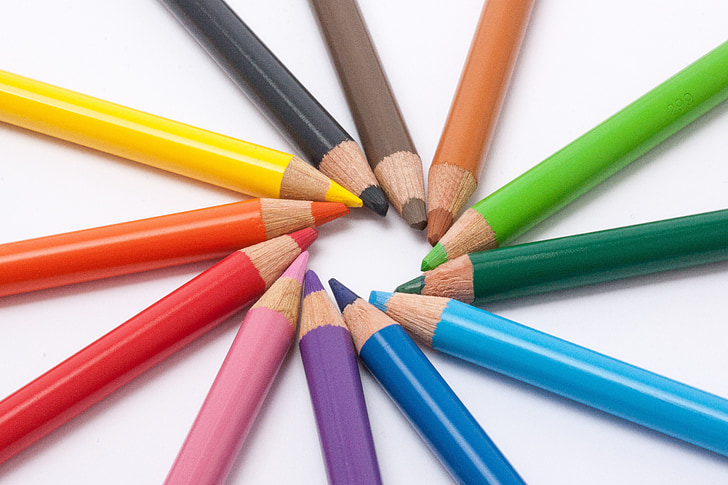 kleurpotloden, kleur potloden, ster, kleurencirkel, schrijven of tekenen van apparaat, kleurrijke, met gekleurde mijnen