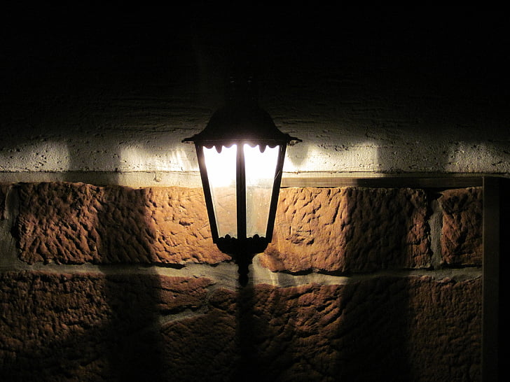 Lampa, Lanterna, zid, rasvjeta, svjetlo, noć, vanjski