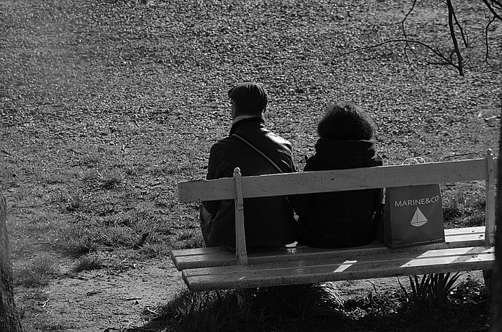 bench, characters, black and white, couple, nature, outdoor