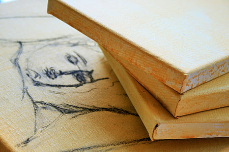 canvas, streched, art, prepared, wash, yellow ochre, sketch
