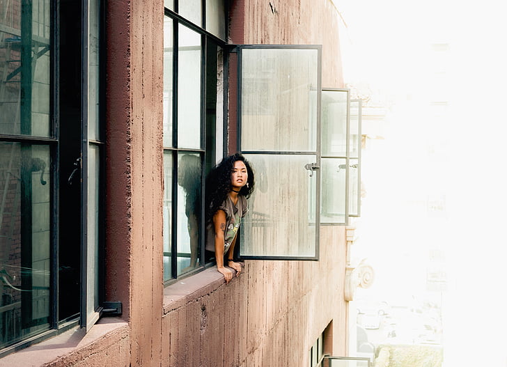 building, apartment, windows, people, girl, lady, woman