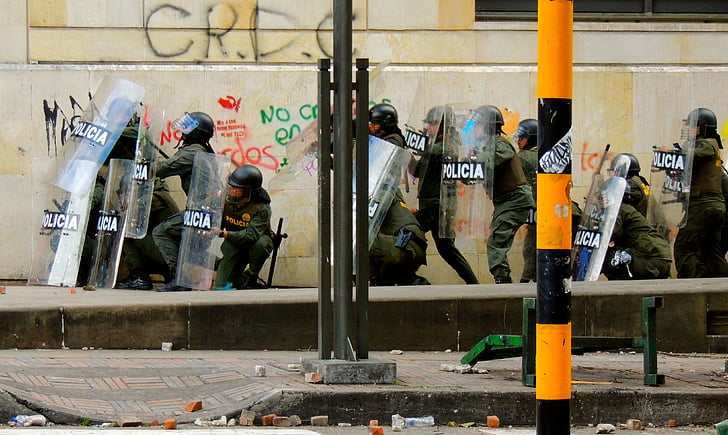protest, Bogotá, polisen, Riot, SWAT, specialstyrkor