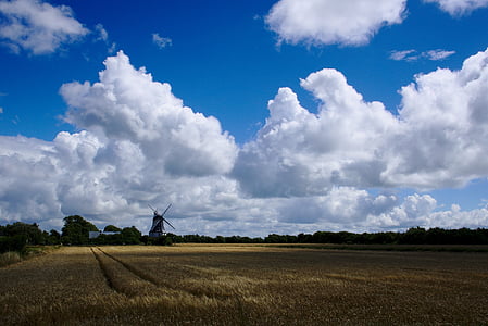 windmill, sky, cloud, cumulus, fields, agriculture, landscape