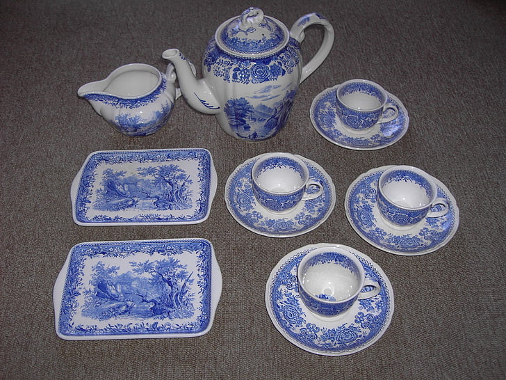 Bordservice, kaffe, blå, porcelæn, plade, t, keramik