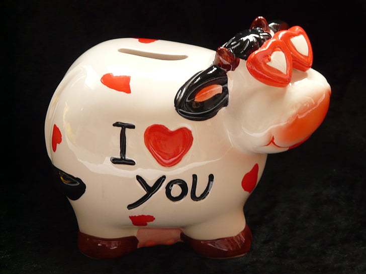 piggy bank, savings bank, cow, heart, love, glasses, cool