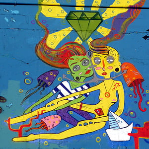 Graffiti, hombre, mujer, azul, Enamorado, amarillo, verde