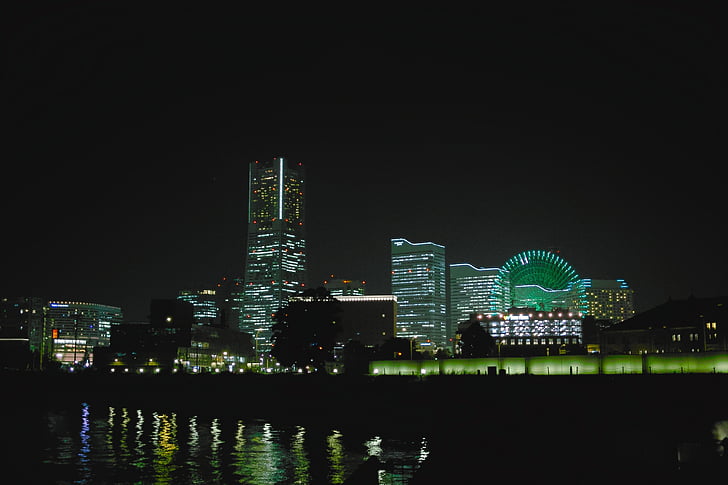 Yokohama, wgląd nocy, Port, Landmark tower, Wiedeńskie koło diabelskie
