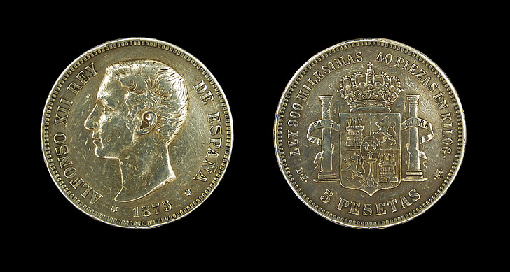 pesetas, ฟอน xii, สเปน, เหรียญ, เงิน, สกุลเงิน, เงินสด