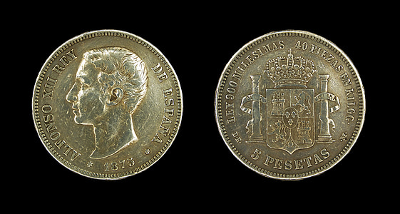 peset, Alfonso xii, Španělsko, mince, peníze, Měna, hotovost