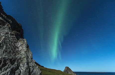 北极光, 罗弗敦, 挪威, 晚上, 绿色, 天空, 蓝色
