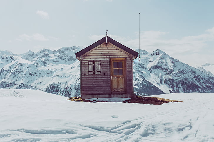brown, wooden, house, snowfield, mountains, hills, snow