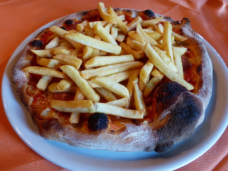 Pizza patatas fritas, Pizza, cena, delicioso, corteza, alimentos, comer