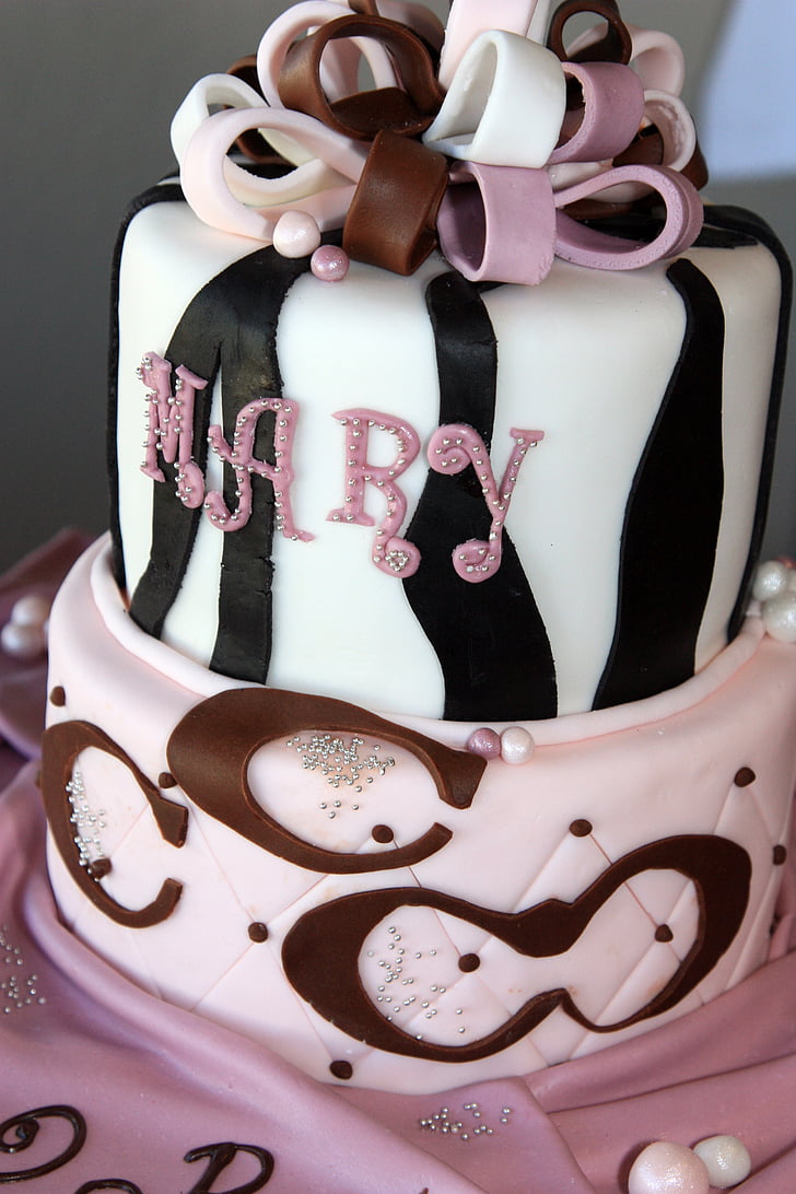 birthday cake, pink, black, white, sweets, dessert, cake