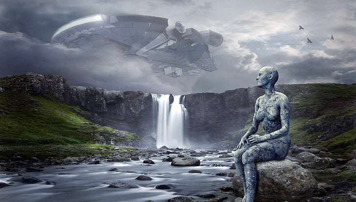 spaceship, ufo, landscape, waterfall, forward, science fiction, composing
