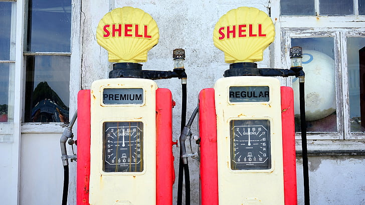 due, rosso, bianco, Shell, vintage, carburante, pompe