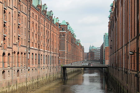 Hamburg, Speicherstadt, vann, Elbe, gamle speicherstadt, murstein, lager