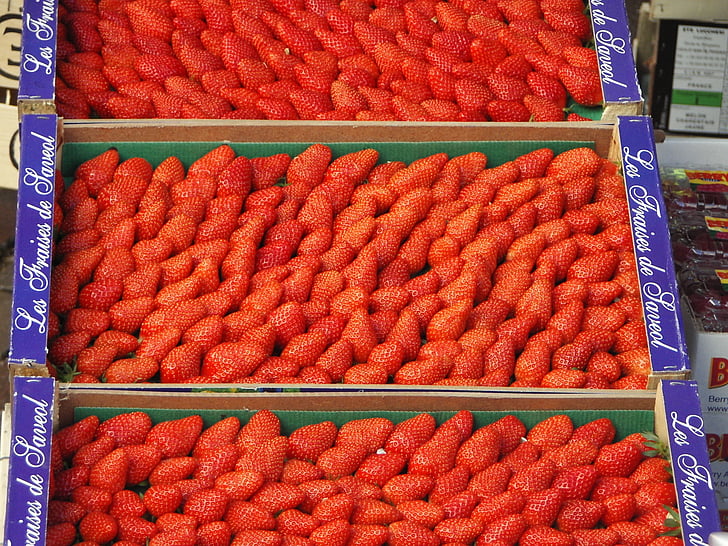 jahody, trhu, červená, ovocie, box
