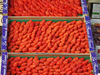 fresas, mercado, rojo, fruta, caja