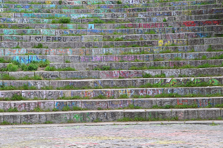 escadas, gradualmente, fonte, grafite, colorido, giz, arte de rua