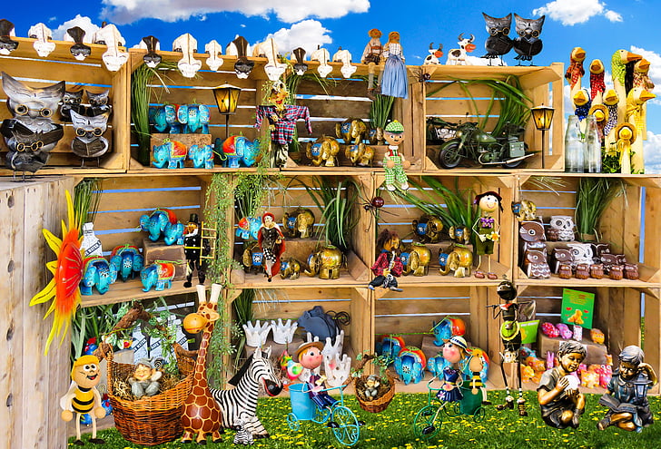 figures, jardí, jardí figuretes, decoració, decoració jardí, animals, caixes de fusta