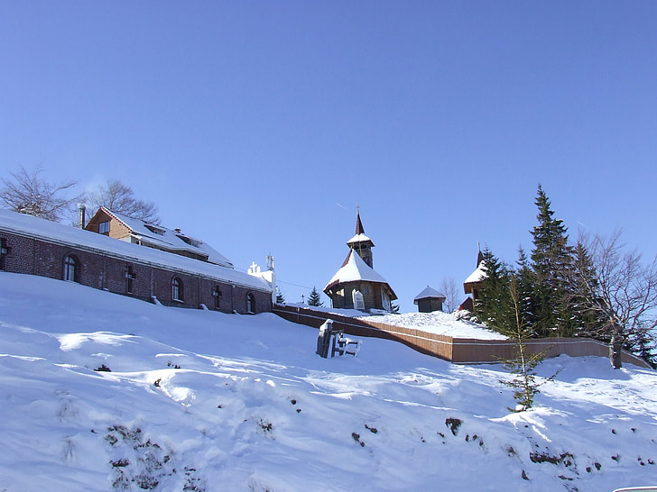 kalns, sniega, ainava, ziemas, baznīca, daba, arhitektūra