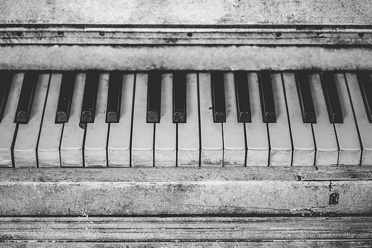 antikk, svart-hvitt, Nærbilde, musikkinstrument, piano, piano nøkler, Vintage