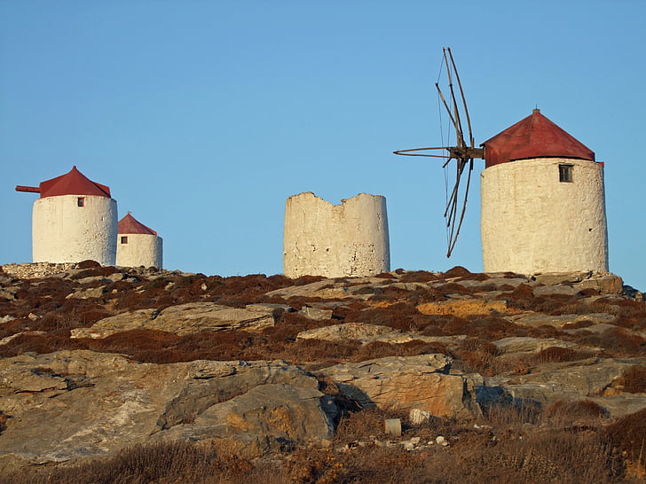 väderkvarnar, gamla, Mills, landmärke, ruin, Grekland, Amorgos