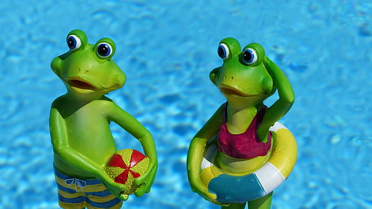 两个, 绿色, 青蛙, 雕像, 夏季, 青蛙, 水