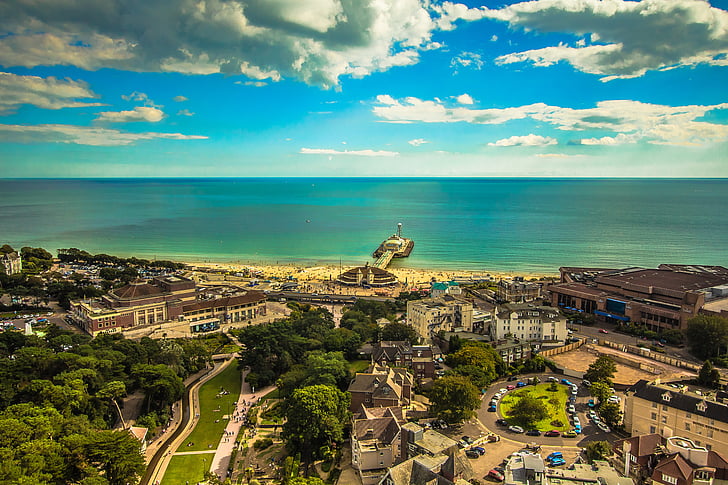 Bournemouth, Costa, Panorama, paisagem urbana, arquitetura, Verão, mar