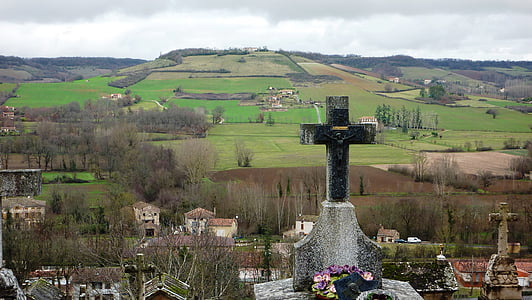 Francie, hřbitov, krajina, vesnice, náhrobek, hroby, pole