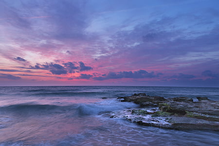 strand, golven, blauw, Oranje, hemel, zonsondergang, natuur