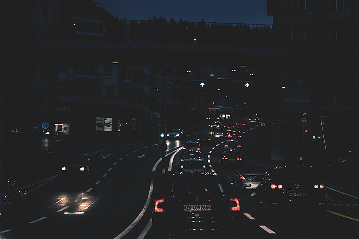 automoció, entelar, edificis, llums de cotxes, cotxes, ciutat, fosc