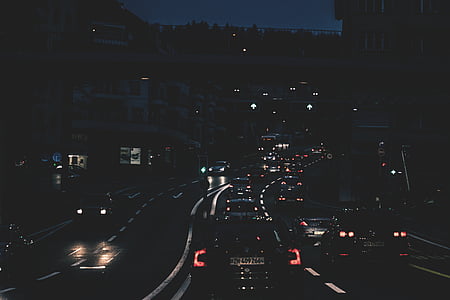 автомобилни, мъгла, сгради, кола светлини, автомобили, град, тъмно