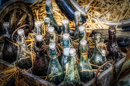 flasker, ølflasker, boks, gamle, plask, snap lås, vintage