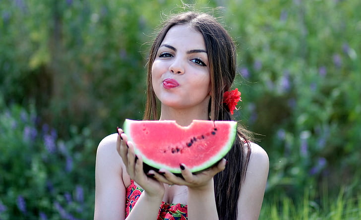 Děvče, meloun, červená, léto, Krása, Příroda, vodní meloun