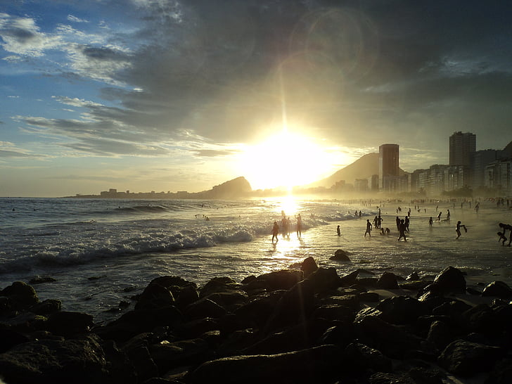 sunset, mar, stones, beira mar, beach, sea, outdoors