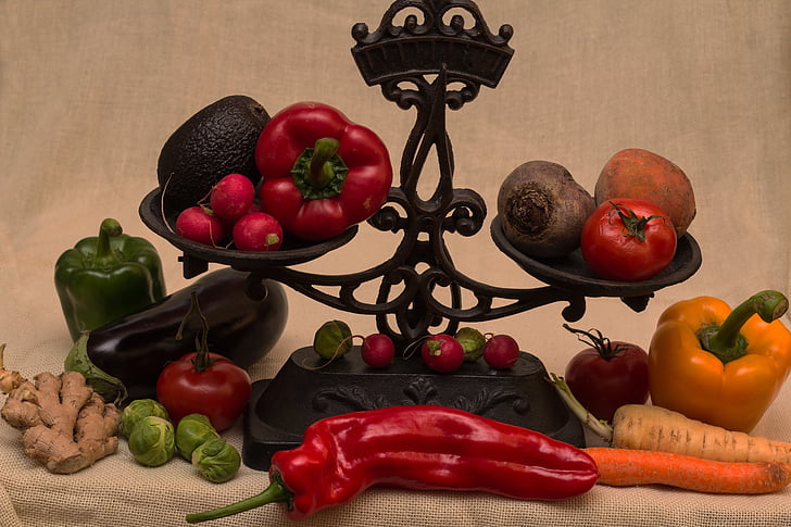 still life, vegetables, old scale, vegetable, food, pepper - Vegetable, freshness