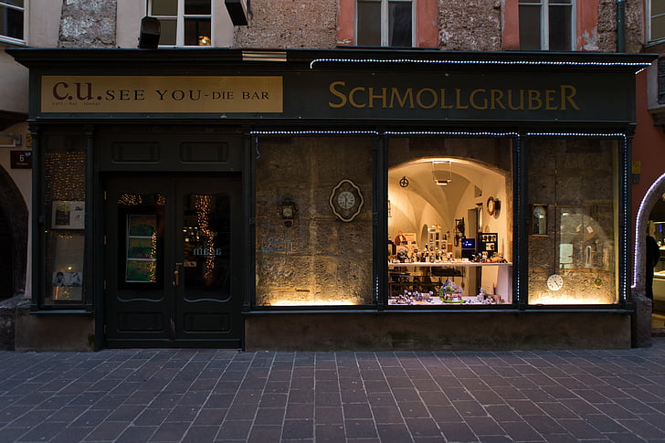 watchmaker, shop, window, architecture, historic, after dark, innsbruck