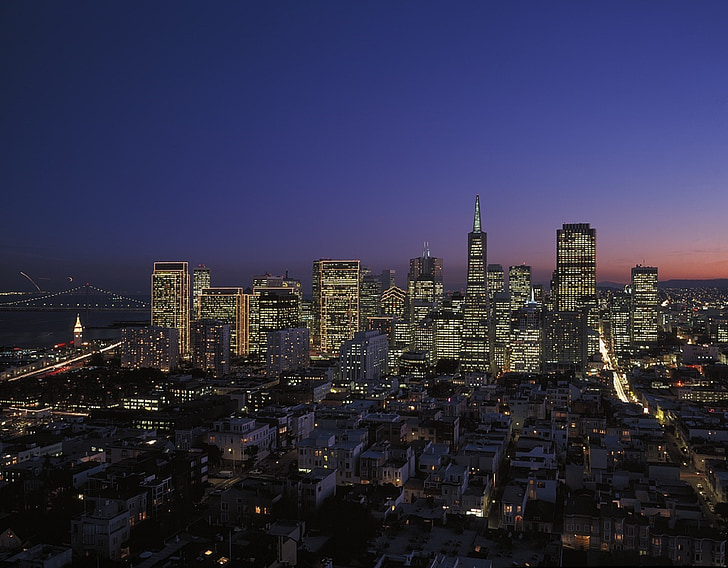 міський пейзаж, Сан-Франциско, Сутінки, Ліхтарі, Захід сонця, вечір, Каліфорнія