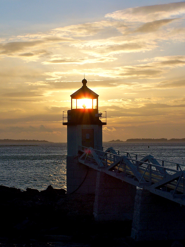 solnedgång, hoppas, gångväg, Maine, Lighthouse, Sky, Skyline