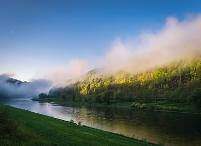 köd, folyó, Elba, nap, táj, víz, reggel