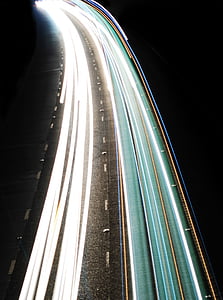 Mobil, jalan tol, cahaya, rana, putih, biru, malam