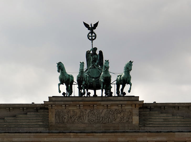 puerta de Brandenburgo, Berlín, punto de referencia, edificio, Quadriga, al atardecer, estatua de