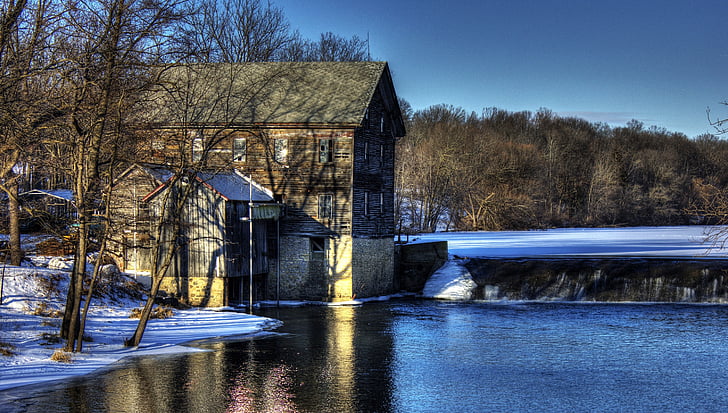 grist mill, building, stream, architecture, winter, snow, cold