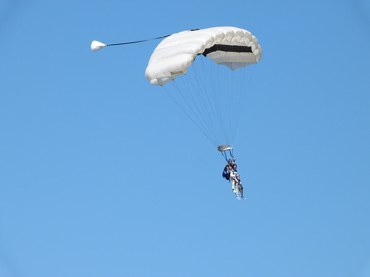 paratroopers, jump, double, baptism, sky, blue, emotion