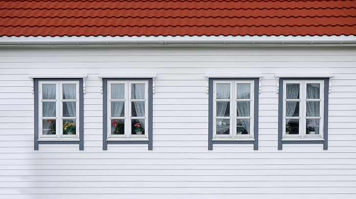 hvit, rød, huset, fire, vinduet, illustrasjon, bygge
